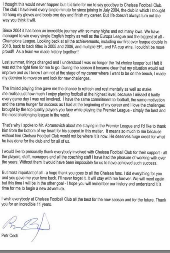 Petr Cech pens OPEN LETTER to Chelsea fans after completing Arsenal move
