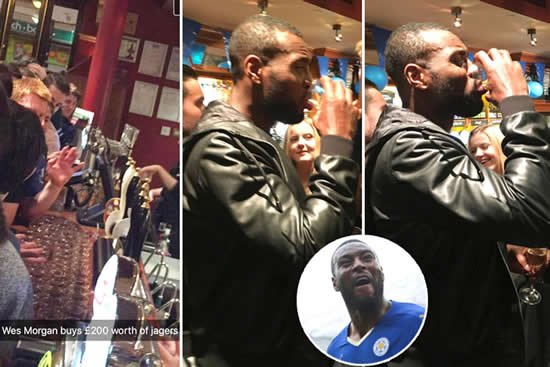 Leicester captain Wes Morgan buys a round of Jagerbombs for everyone at the pub