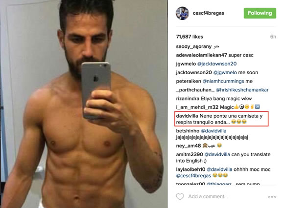 David Villa Pokes Fun at Cesc Fabregas' Topless Instagram Selfie