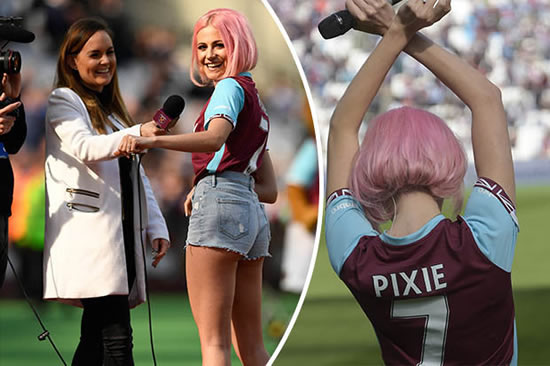 Sexy Pixie Lott flashes bum during West Ham half-time performance