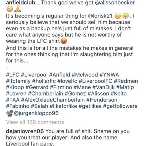 Dejan Lovren savages Liverpool fan page on Instagram