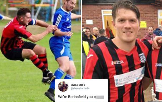 Footie yob jokes about teammate's vile two-footed tackle on Twitter — and threatens referee