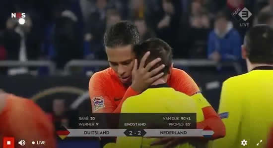 Virgil van Dijk consoles distraught referee in tears at final whistle of Holland clash against Germany after official lost his mum