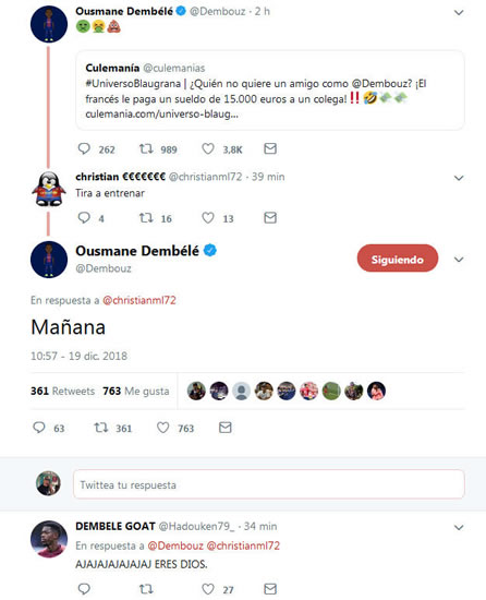 Dembele makes light of his lateness on social media