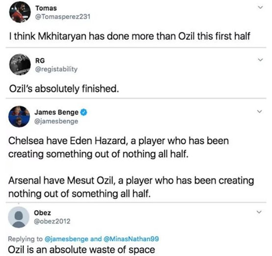 Arsenal fans SAVAGE Mesut Ozil for Chelsea display - 'I think Mkhitaryan has done more'