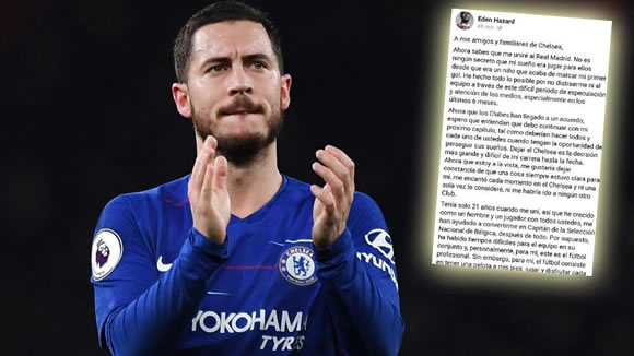 Hazard's emotional farewell letter following Real Madrid move