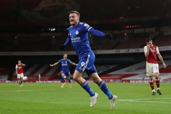 GUARD OF HONOUR Vardy has fans in stitches with Leicester star shown with ‘chat s***, get banged’ shin pads before scoring at Arsenal
