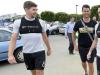 Gerrard arrives at training with former Liverpool team-mate Robbie Keane