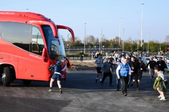 EU CANT PASS Fans try to stop the Liverpool Team Buses from entering Elland Road ahead of Prem clash